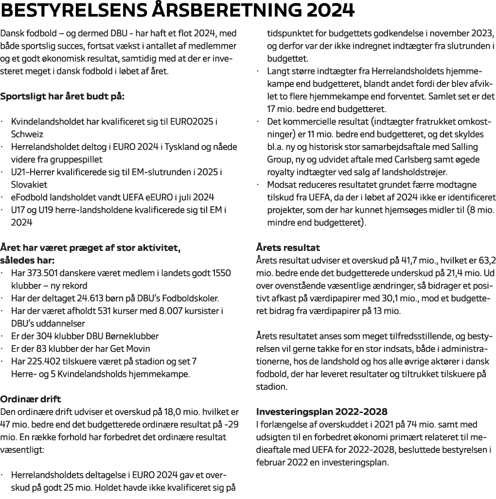 BESTYRELSENS RSBERETNING 2024 Dansk fodbold – og dermed DBU har haft et flot 2024, med b de sportslig succes, fortsa...